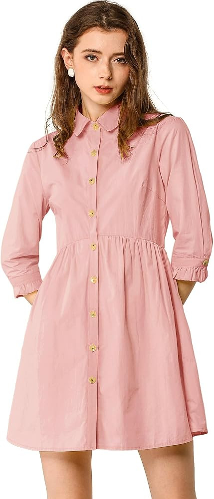 Allegra K Women's Casual Shirt Dress Ruched 3/4 Sleeve Button Up School Mini Dresses | Amazon (US)