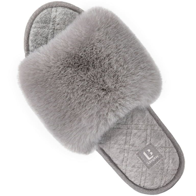 LongBay Women's Fuzzy Faux Fur Memory Foam Cozy Flat Spa Slide Slippers Comfy Open Toe Slip On Ho... | Walmart (US)