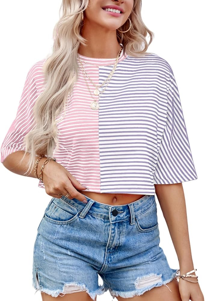 Tankaneo Womens Striped Cropped T Shirts Half Sleeve Loose Fit Color Block Summer Casual Crop Top... | Amazon (US)