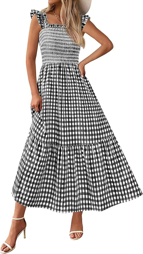 PRETTYGARDEN Womens Summer Dress Casual Square Neck Ruffle Strap Gingham Smocked Midi Flowy A Lin... | Amazon (US)
