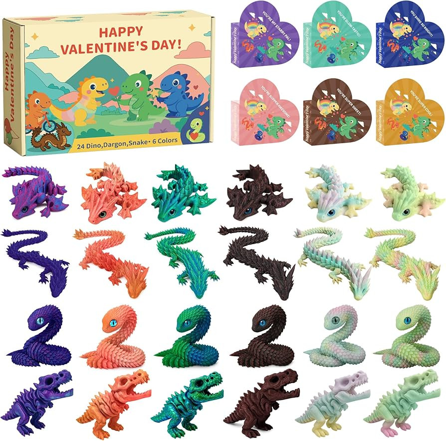 3D Printed Dragon Valentine's Day Gifts for Kids, 24 Pack Hearts Box Valentine Cards for Classroo... | Amazon (US)