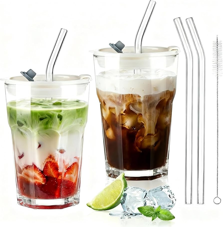 ecooe 2 St\u00fcck Glasbecher mit Deckel und Strohhalm 400ml Matcha Gl\u00e4ser Smoothie Becher E... | Amazon (DE)