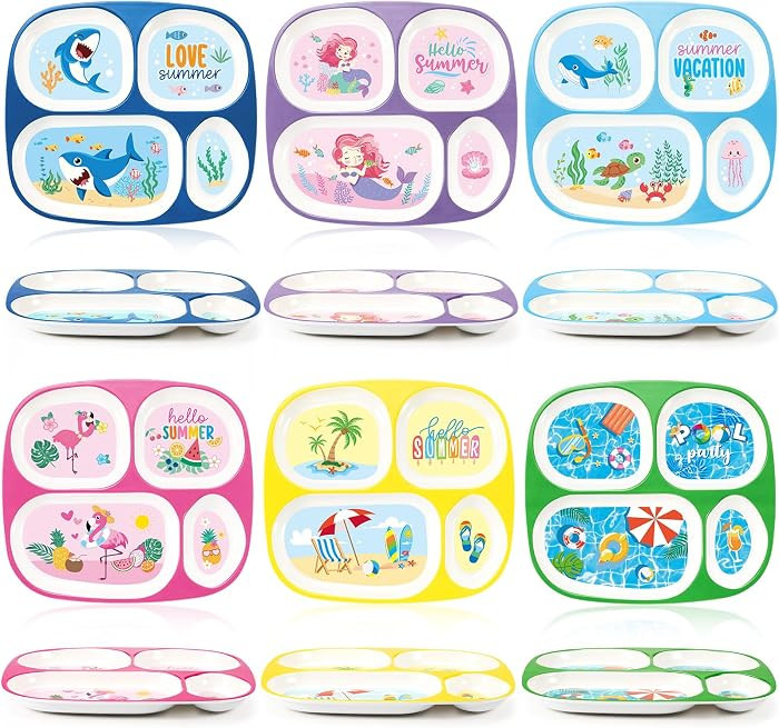 Hushee 6 Pcs 9.4 x 8.2 Inch Kids Plate for Dinner, Summer Ocean Theme Cute Dinnerware Set for Girls Boys Toddler, Plastic Funny Divided Plates Serving Dishes, Sea Pool Shark Mermaid Flamingo Beach | Amazon (US)