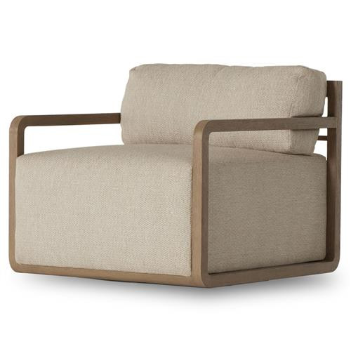 Steven Coastal Beach Beige Upholstered Teak Wood Outdoor Swivel Lounge Chair | Kathy Kuo Home
