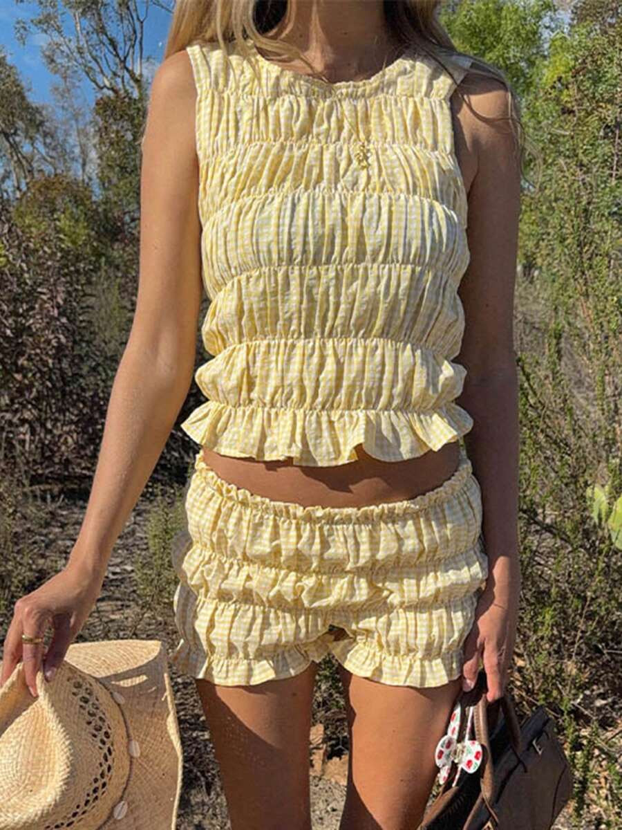 Women Y2k 2 Piece Smocked Loungwear Cute Gingham Sleeveless Tiered Ruched Tank Top Low Rise Mini ... | SHEIN