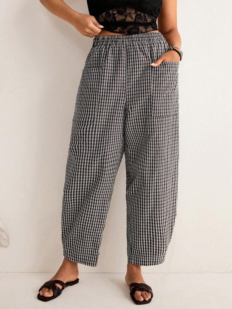 Freevana Plus Size Women's Black Fine Plaid Wide Leg Pants, High Waist Draping Lantern Pants, Loose Slimming Casual Pants, Retro Plaid Versatile Straight Leg Pants With Pockets | SHEIN