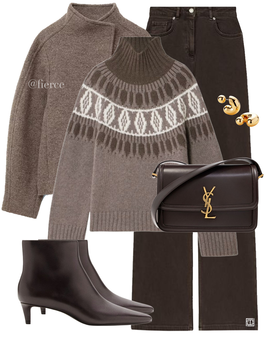 fair isle taupe beige wool jacket chocolate brown jeans ysl brown bag chocolate brown jeans chocolate brown heeled ankle boots chic outfit lunch date city break winter vacation 

 #LTKautumn 

#LTKuk #LTKwinter