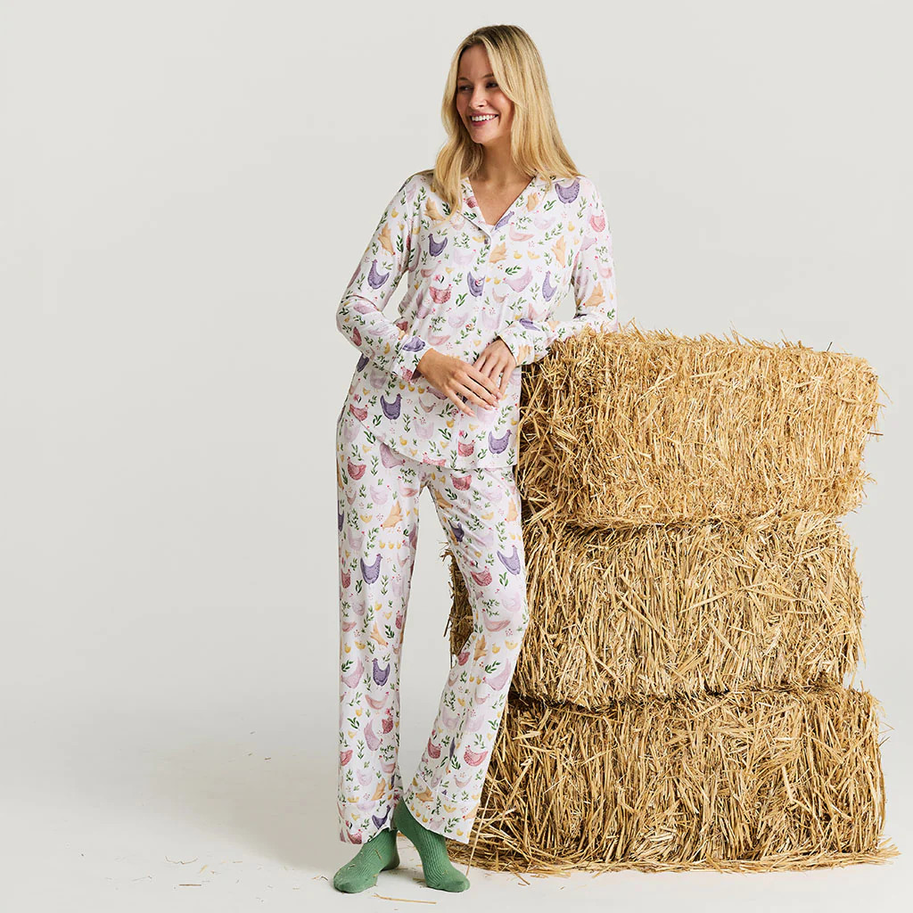 Chickens White Long Sleeve Jo Women's Luxe Pajama Pant Set | Posh Peanut® | Posh Peanut