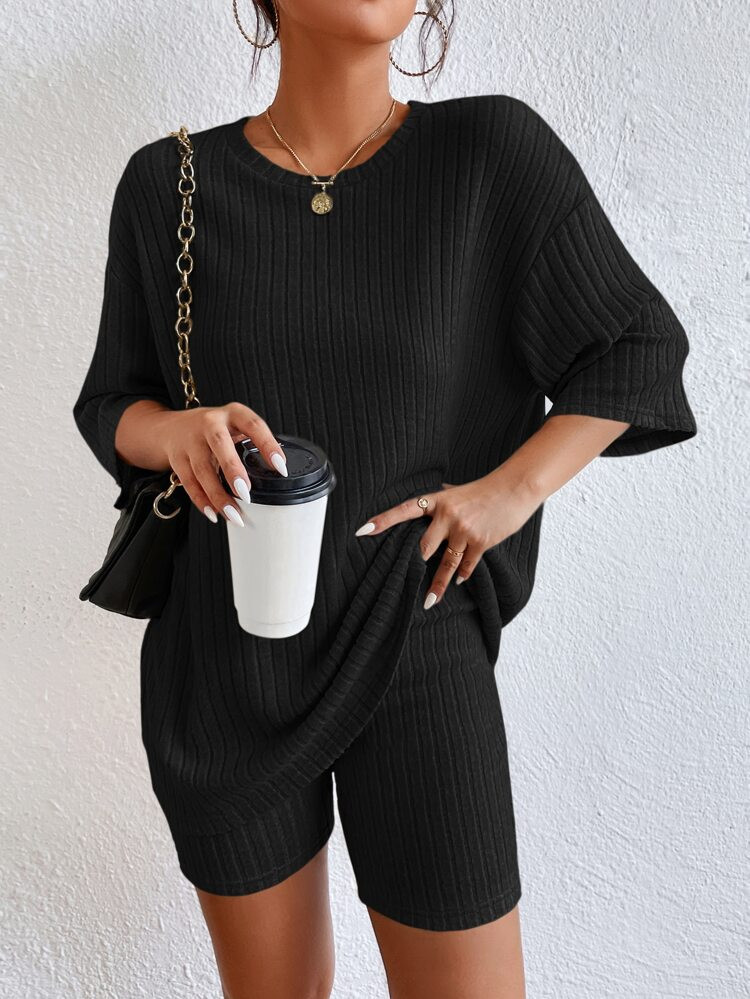 SHEIN EZwear Drop Shoulder Ribbed Knit Tee & Biker Shorts | SHEIN