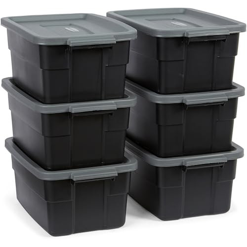 Rubbermaid 6-Pack Heavy Duty Durable 3 GAL Totes for Storage with Snap Lids and Handles, Plastic Storage Bins Stackable Black Gray for Home and Garage (3 GAL - 6 Pack Solid Black and Grey) | Amazon (US)