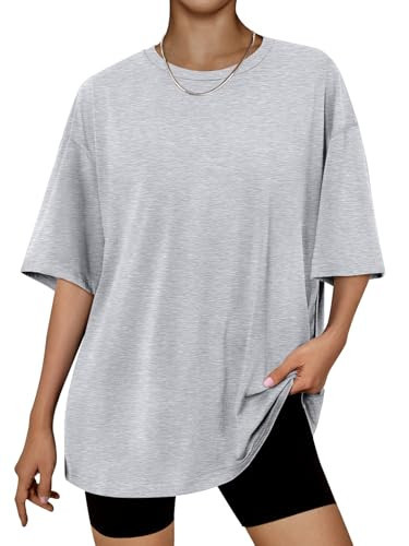 Trendy Queen Womens Oversized Summer T Shirts Fashion Workout Plus Size Tops Short Sleeve Beach Vacation Gym Clothes 2025 Grey M | Amazon (US)
