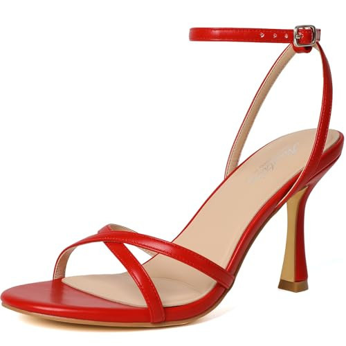 Mostrin Red Strappy Heels for Women Lace Up Ankle Strap Heels Round Open Toe Stiletto High Heeled Sandals for Prom, Party, Daily Wedding Bridal Shoes Size 11 | Amazon (US)
