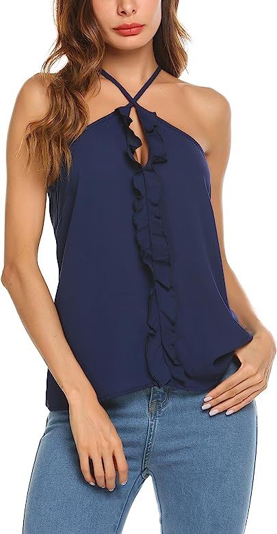 Women's Sleeveless Ruffle Chiffon Blouses Keyhole Halter Cami Tank Tops | Amazon (US)