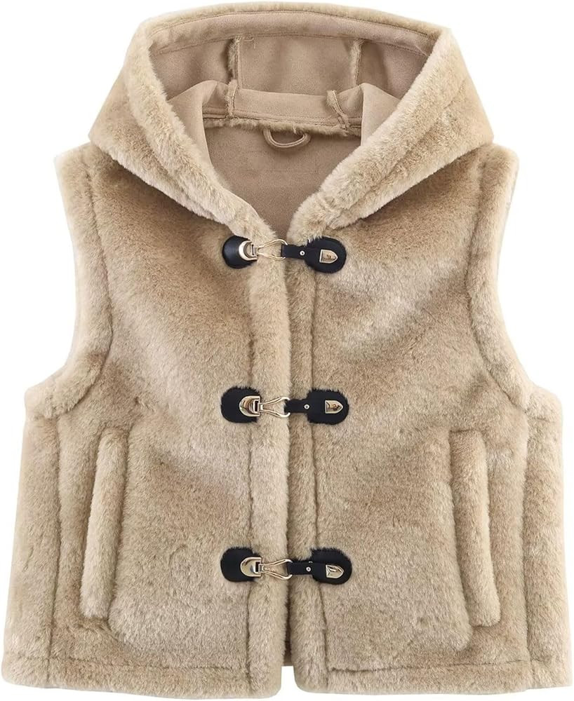 Chevara Women’s Fuzzy Faux Fur Vest Snap Button Up Hooded Gilet Waistcoat With Pockets | Amazon (US)