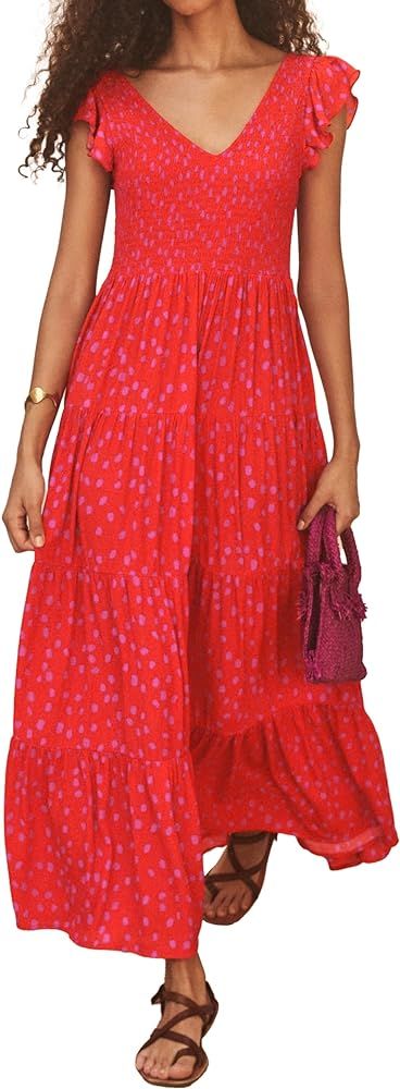 MASCOMODA Womens Summer Maxi Dress Casual V Neck Cap Sleeve Smocked Dresses Ruffle Tiered Beach P... | Amazon (US)