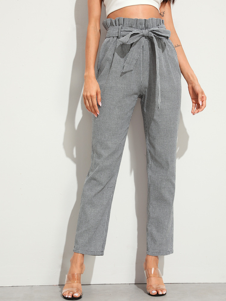 Paperbag Waist Self Belted Tapered Gingham Pants | SHEIN