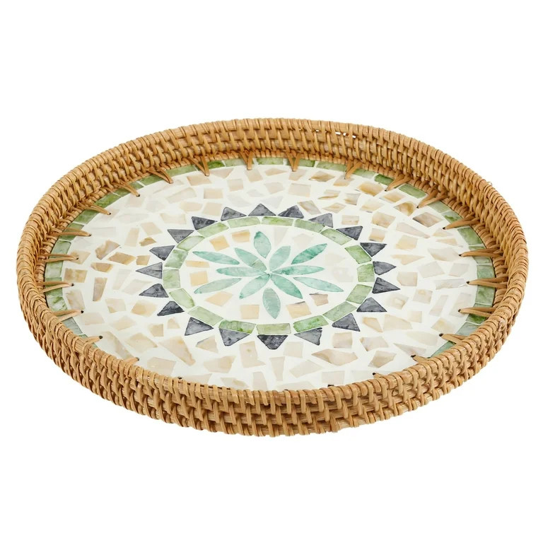 Lzvxtym Round Rattan Serving Tray with Mother of Pearl Inlay, Beige Boho Wicker Basket, 12" | Walmart (US)