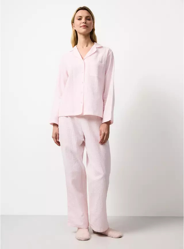 Pink Stripe Textured Seersucker Traditional Pyjamas 20 | Tu Clothing
