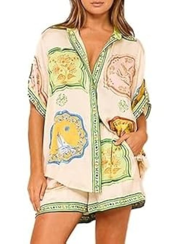 Women Boho Tropical Print Beach Cover Up Shorts Set 2 Piece Summer Lounge Outfit Lightweight Swim... | Amazon (US)