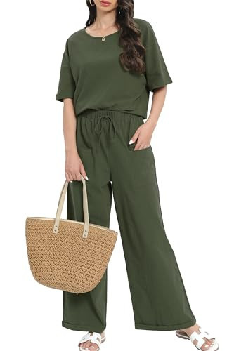 Anytree Womens Cotton Lounge Set Soft Lounge Set Loungewear Top and Pants Linen Loungewear AU5 | Amazon (US)