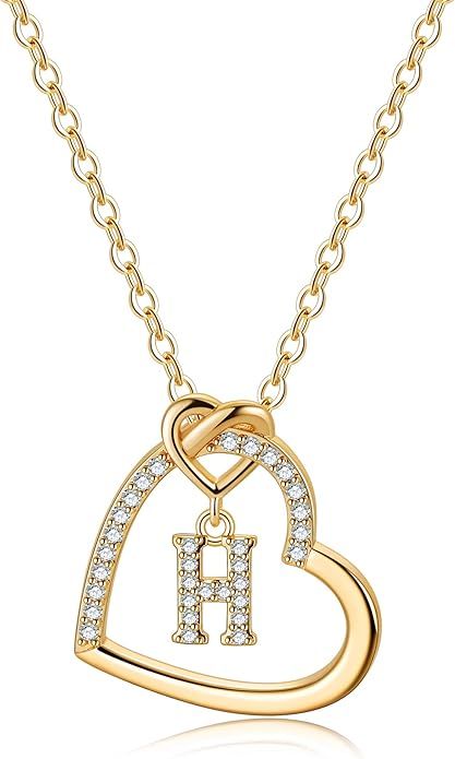 CZ Heart Pendant Initial Necklaces, 14K Gold Filled Heart Initial Necklaces for Teen Girls Women,... | Amazon (US)