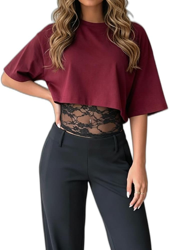 Women's Fake Two Piece Short Sleeve Crew Neck Sheer Lace Patchwork Crop T-Shirt | Amazon (US)