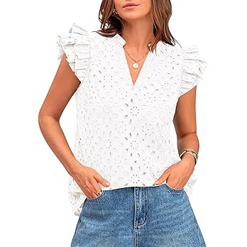 BTFBM Spring Summer Tops for Women 2026 Dressy Casual V Neck Ruffle Cap Sleeve Embroidered Eyelet... | Amazon (US)