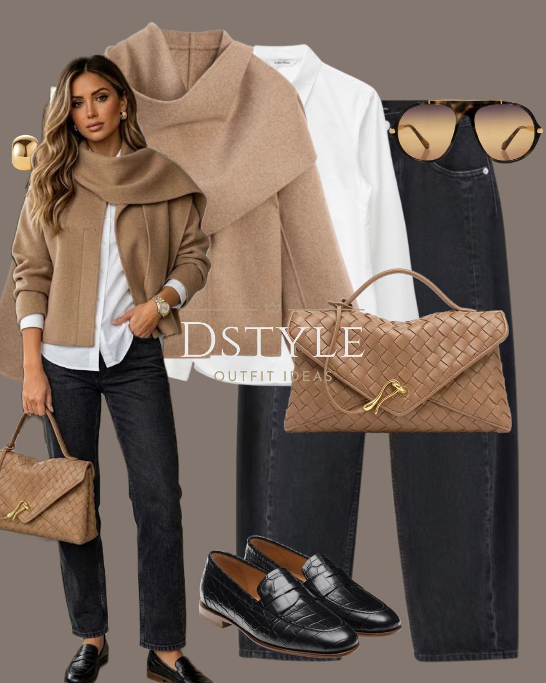 Chic, structured, and timeless. Pairing a camel scarf jacket with a crisp white button-down, black straight-leg jeans, and woven leather accessories.

#LTKootd #LTKWorkwear