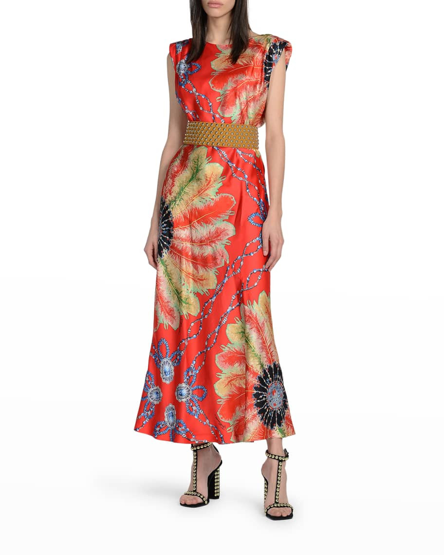 Just Cavalli Satin Treasure Printed Padded Shoulder Maxi Dress | Neiman Marcus