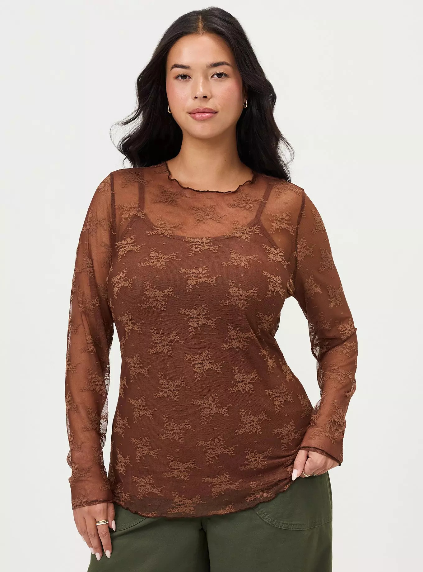 Sheer Lace Crew Long Sleeve Top | Torrid (US & Canada)
