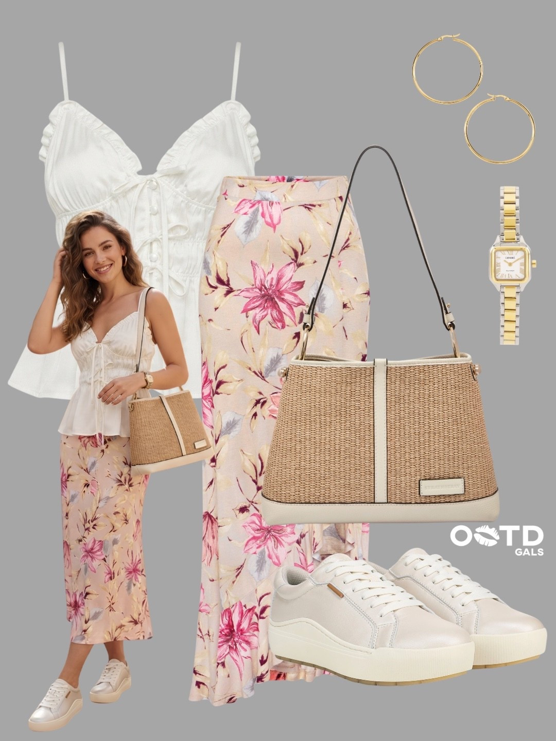 Soft florals and woven textures create the perfect warm-weather outfit 🌸🤍

This look pairs a romantic white corset-inspired camisole with a blush floral midi skirt for a feminine silhouette that feels both elegant and easy to wear. Neutral woven accessories and crisp white sneakers give the outfit a relaxed finish while keeping it polished enough for all-day wear.

✨ Style Details:
• White ruched lace-up camisole with peplum hem
• Blush pink floral satin midi skirt
• Woven beige shoulder bag with ivory trim
• White leather sneakers
• Gold hoop earrings
• Gold-tone watch

The soft palette of ivory, blush, and beige creates a fresh, timeless look that's perfect for spring and summer. Mixing romantic florals with comfortable sneakers makes this outfit effortlessly versatile.

Perfect for brunch dates, weekend shopping, vacation strolls, outdoor cafés, garden parties, casual lunch dates, sightseeing, or everyday chic style.

#LTKsummer #LTKshoes #LTKbag