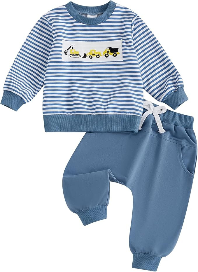 Baby Boys Two Pieces Fall Winter Outfit Striped Excavator Truck Embroidered Sweatshirt Jumper Jog... | Amazon (UK)