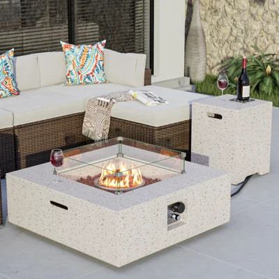 Outdoor Patio Propane Fire Pit Set with Tank Hideaway Side Table & Wind Guard | Wayfair North America