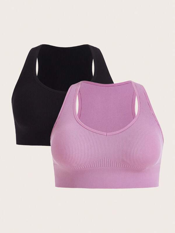 Plus 2pcs Solid Ribbed Knit Sports Bra | SHEIN