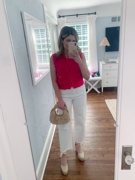 Summer date night outfit idea. I love these white jeans so much and loving red for summer 

#LTKItBag #LTKShoeCrush