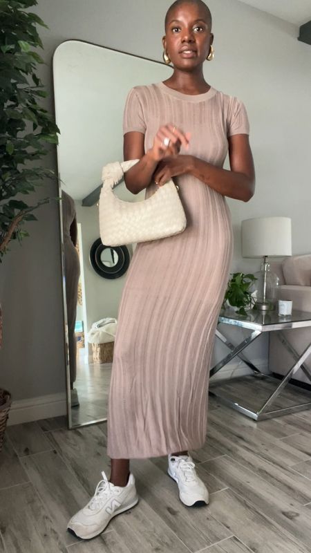 Easy neutral spring outfit  Light brown maxi sweater dress, white new balance sneakers, white knotted woven bag. 

#LTKfindsunder100 #LTKSpringSale