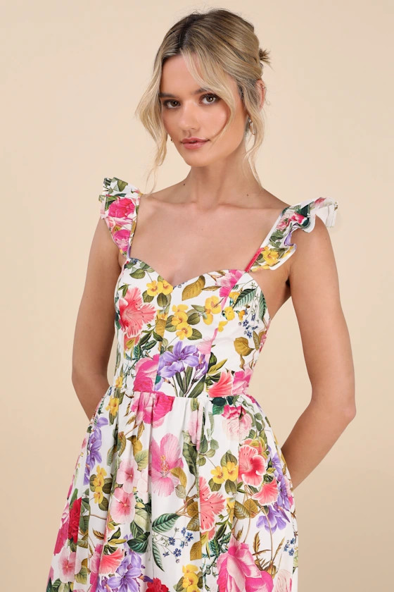 Melodie White Multi Floral Ruffled Midi Dress | Lulus