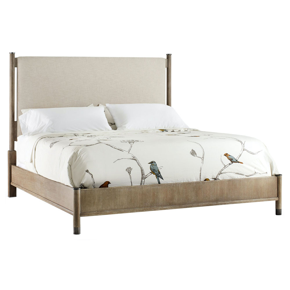 Felina Modern Classic Brown Oak Wood Beige Linen Upholstered Bed - Queen | Kathy Kuo Home