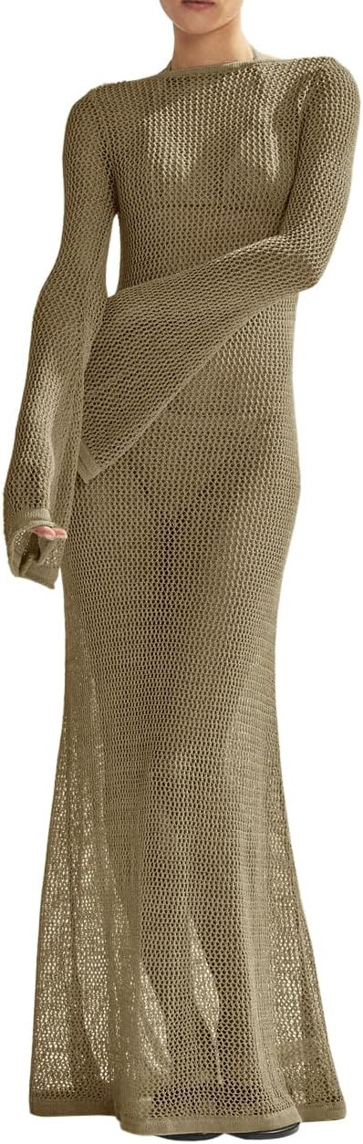 Saodimallsu Womens Crochet Cover Ups Long Sleeve Sexy Mesh Backless Knit Swimsuit Coverup Beach M... | Amazon (US)