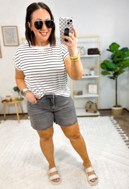 Love these extended shoulder tees from Target!  Had to grab this striped one when they released it!  XL in mine for a little room. Size 16 denim shorts. Sandals run tts  

#LTKmidsize #LTKfindsunder50 #LTKSeasonal