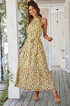 PRETTYGARDEN Women's Summer Floral Maxi Sun Dress Sleeveless Halter Neck Flowy Ruffle Hem Long Bo... | Amazon (US)