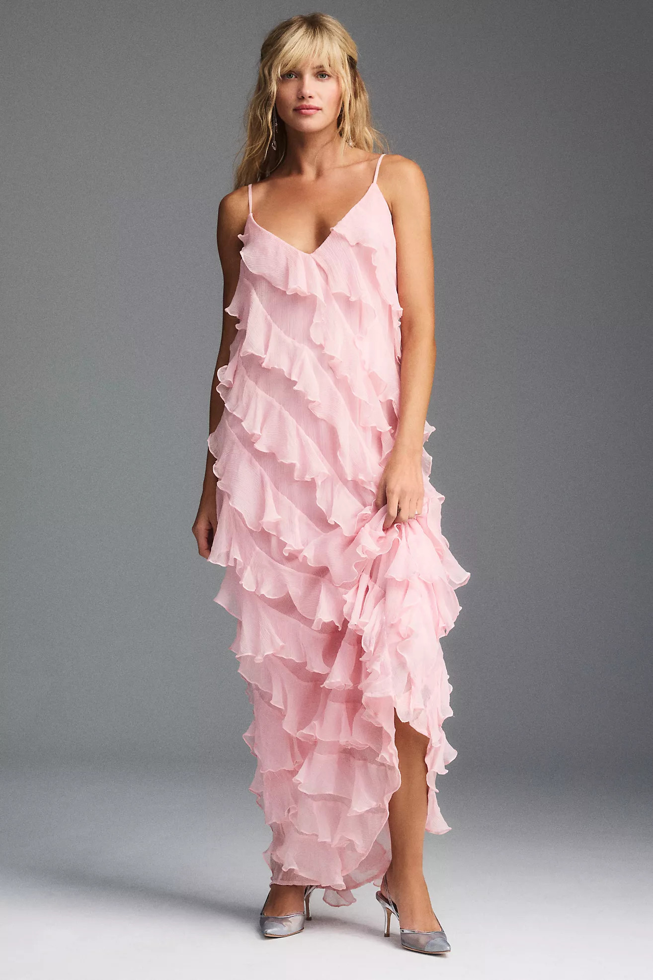 BHLDN Jia Bias-Cut Ruffled V-Neck Gown | Anthropologie (US)