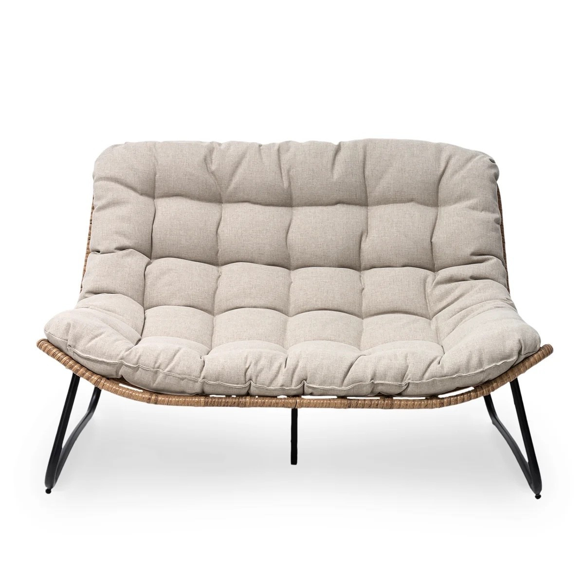 This cute patio loveseat from Wayfair has such a cozy, lounge-ready shape. I love the thick tufted beige cushion, curved seat, woven rattan-look edge, and slim black metal legs. It would be perfect for a covered patio, balcony, sunroom, or relaxed outdoor reading spot. #WayfairFinds #PatioLoveseat #OutdoorSeating #BalconyFurniture