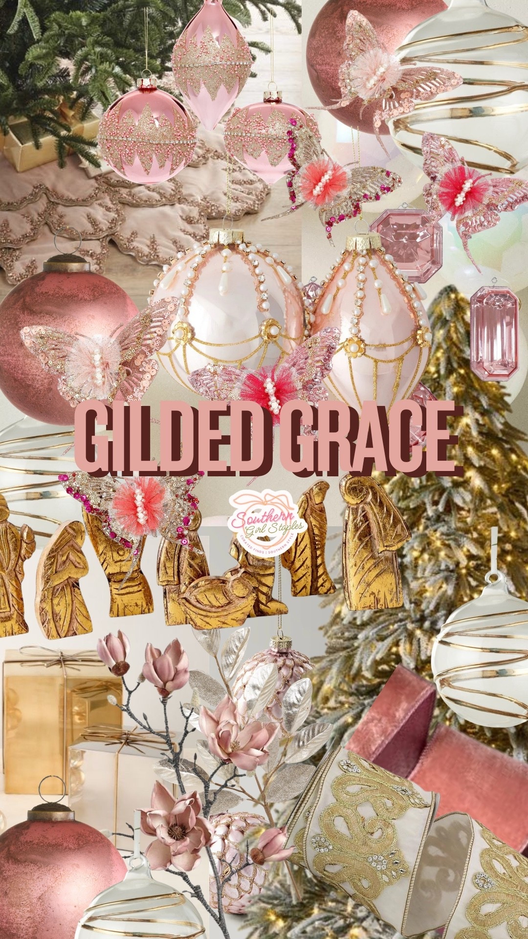 ✨ GILDED GRACE ✨

A Christmas look that’s soft, serene, and shimmered in gold. 🕊️🌸 This palette of blush, champagne, and ivory brings a heavenly glow to your holiday home — perfect for anyone who loves timeless elegance with a touch of sparkle.

🌟 Style it with:
– Gold-trimmed ribbons & pearl accents for a luxe finish
– Soft pink ornaments & velvet bows for a romantic touch
– Warm lights to make every metallic detail glow

It’s graceful, feminine, and full of quiet Christmas magic — the kind of tree that feels like a fairytale come to life. 💫

#GildedGrace #SouthernGirlStaples #LTKHoliday #ElegantChristmas #BlushAndGoldDecor #ChristmasInspo #HolidayHome #NeutralChristmas #FeminineChristmas #ClassicHolidayStyle

#LTKHoliday #LTKSeasonal #LTKHome