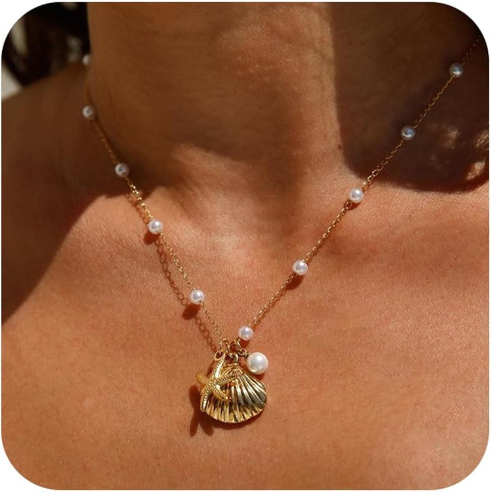 Ewrkbr Gold Necklace for Women,14K Gold Plated Shell Starfish Beach Necklaces Cute Boho Pendant N... | Amazon (US)