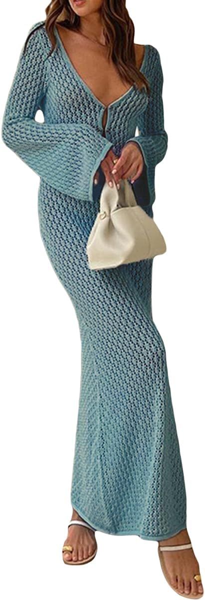 Women Vintage Crochet Slim Dress Knit Fishtail Long Dress Y2k Flare Sleeve Bodycon Fit Backless M... | Amazon (US)