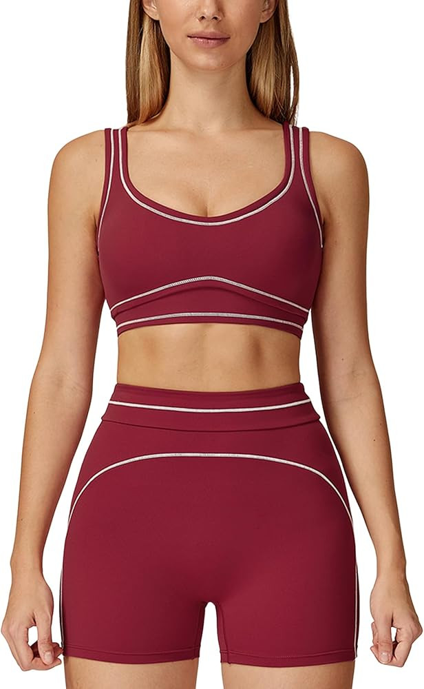 ABOCIW Womens Workout Sets Contrast Trim Sports Bra Matching High Waist Shorts 2 Piece Gym Yoga P... | Amazon (US)