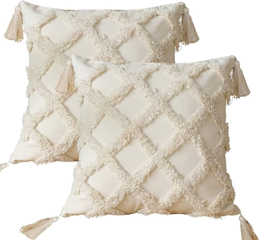 HUAGUOGUO Set of 2 Boho Throw Pillow Covers, 18x18 inches Decorative Farmhouse Embroidered Couch ... | Amazon (US)