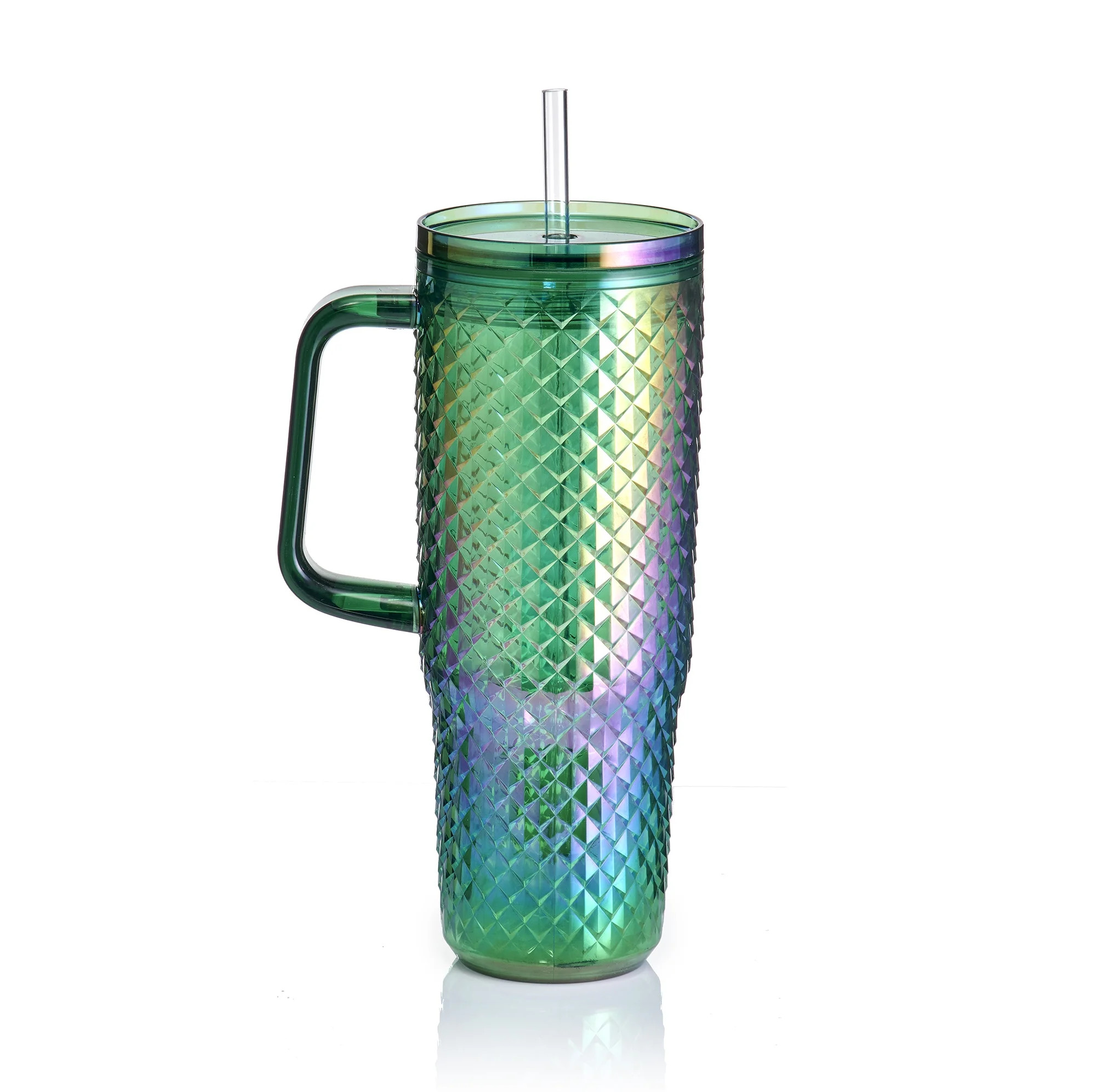 Mainstays 30oz Textured Tumbler with Straw and Handle, Diamond Iridescent Green, 30oz, Plastic Do... | Walmart (US)