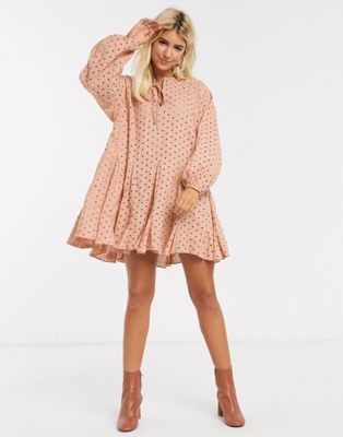 ASOS DESIGN trapeze mini dress with godets in broderie in mink | ASOS (Global)